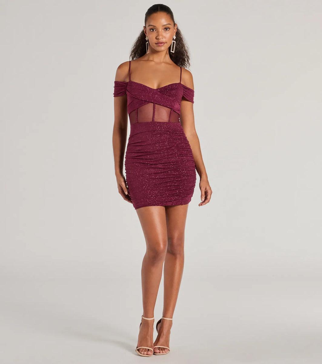 Sultry Glitz Glitter Cold-Shoulder Mini Dress Product Image