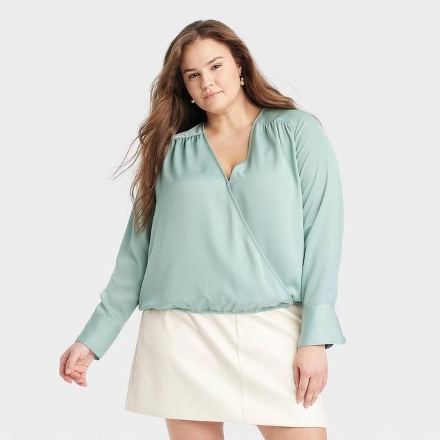 Womens Long Sleeve V-Neck Wrap Blouse - A New Day Seafoam 3X Product Image