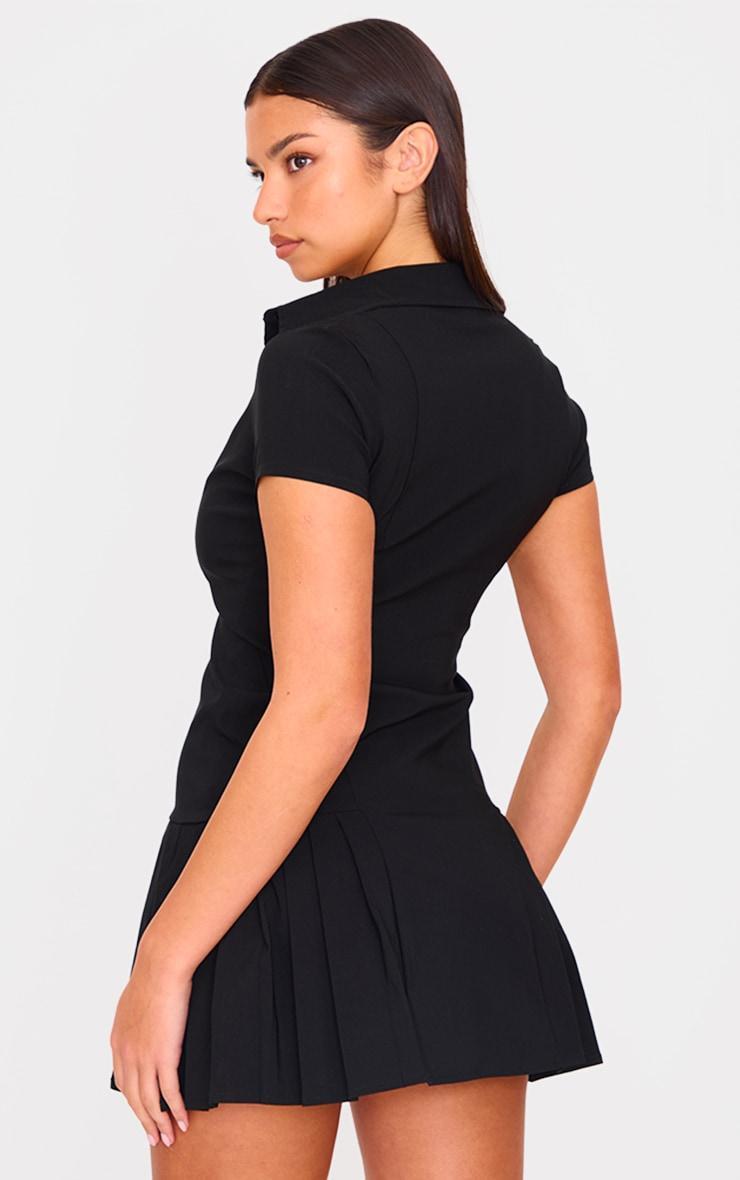 Black Button Down Cap Sleeve Pleated Hem Shift Dress Product Image