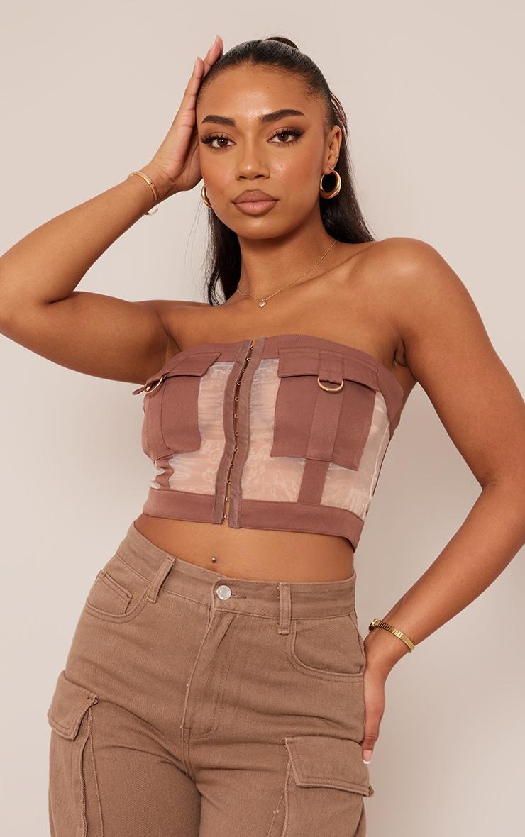 Tall Brown Mesh Insert Detail Bandeau Top Product Image