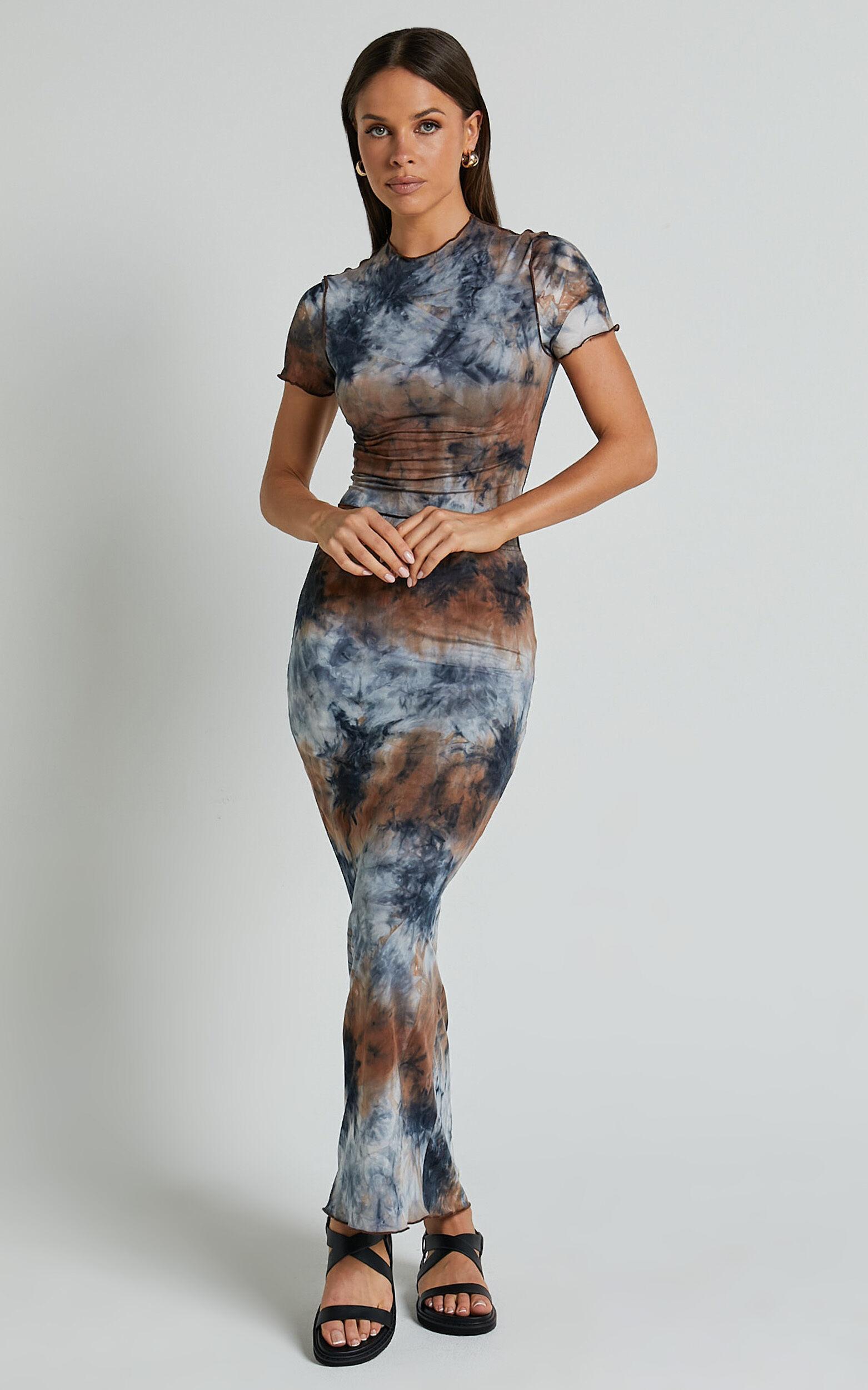 Salem Two Piece Set - High Neck Short Sleeve Top and Midi Skirt Set in Blue Tie Dye Product Image