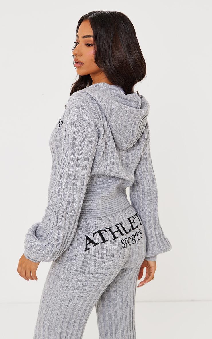 Petite Grey Athletic Sport Embroidered Knit Zip Up Cropped Cardigan Product Image