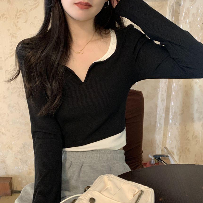 Mock Two-Piece Long-Sleeve Notched Crop Top Product Image