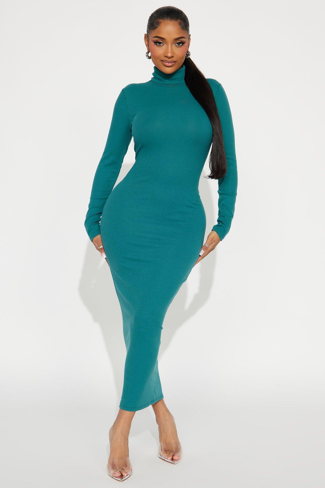 Alina Turtleneck Ribbed Midi Dress - Teal Product Image