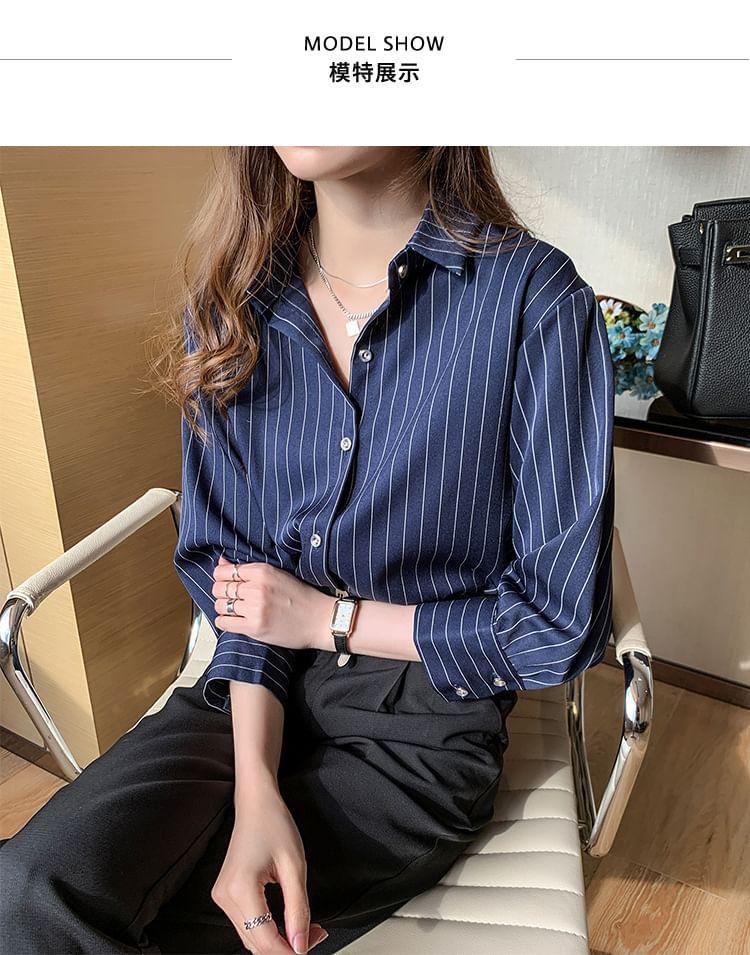 Long-Sleeve Collar Pinstriped Blouse Product Image