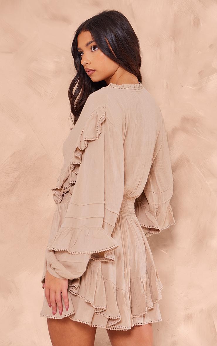 Taupe Cheesecloth Plunge Tiered Long Sleeve Shift Dress Product Image