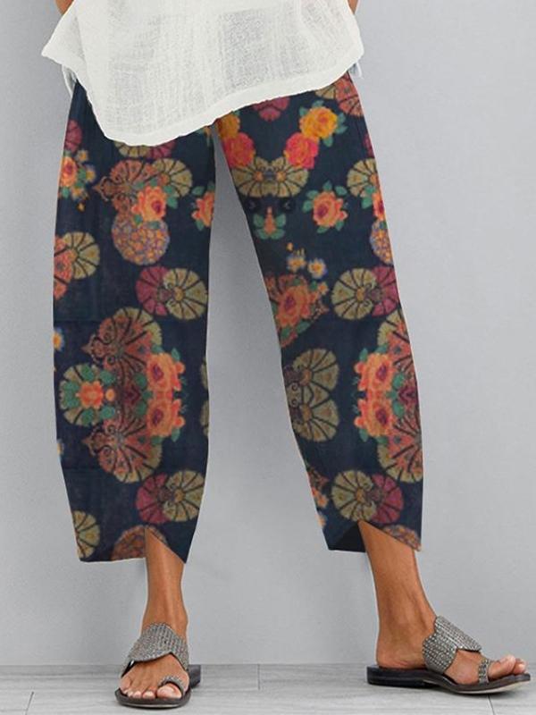 Loose Flower Print Pockets Split-Joint Pants Trousers Product Image