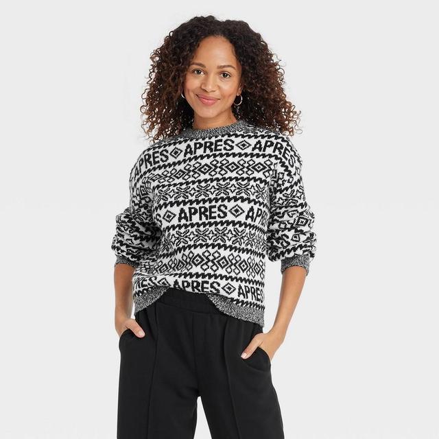 Womens Crewneck Cozy Knit Pullover Sweater - A New Day Black/Cream Fair Isle Apres XL Product Image