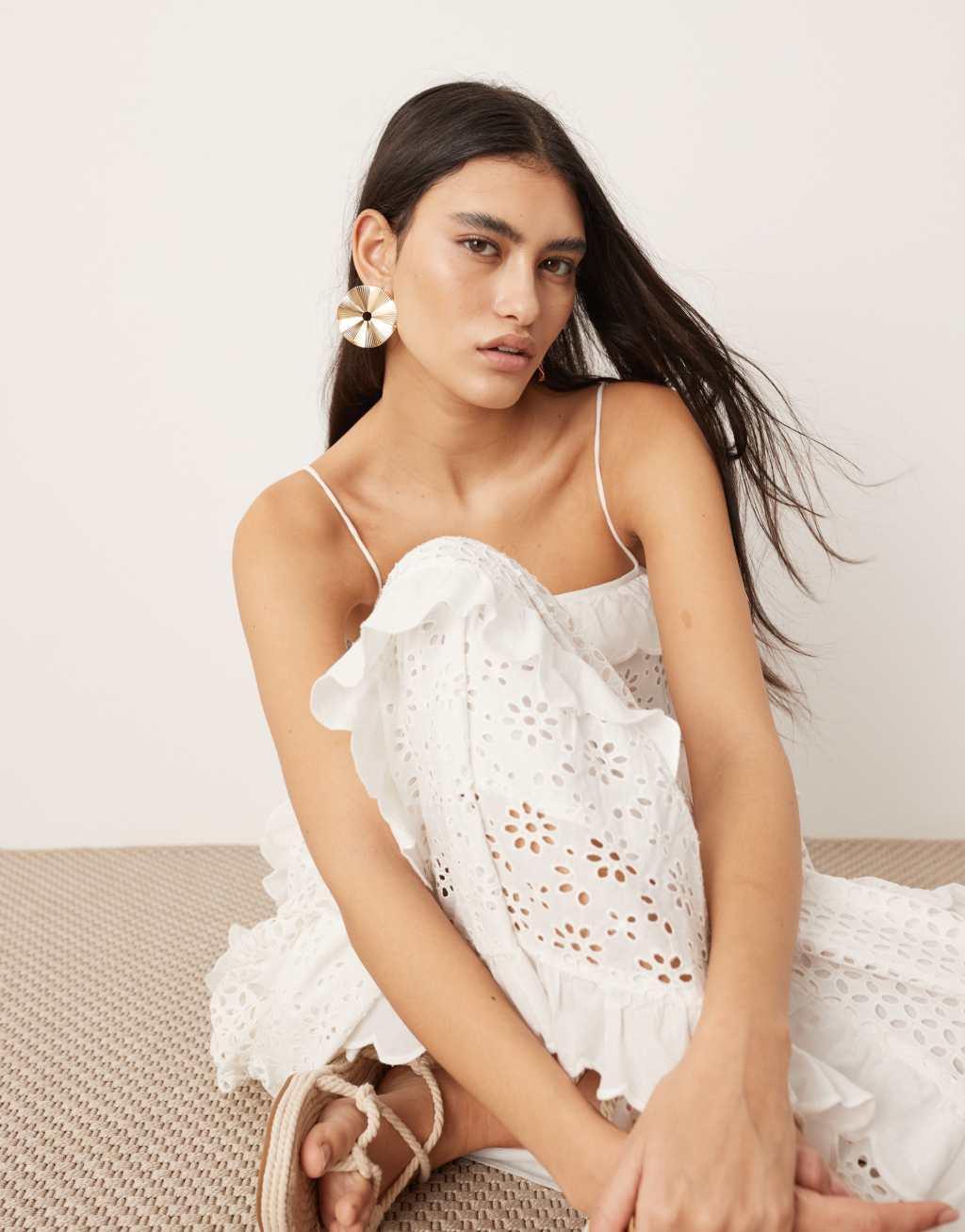 ASOS EDITION strappy eyelet trapeze tiered maxi dress in white Product Image