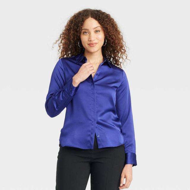 Womens Long Sleeve Satin Button-Down Shirt - A New Day Blue Product Image