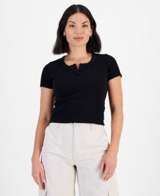 Petite Notched-Neck Ribbed-Knit Top product image