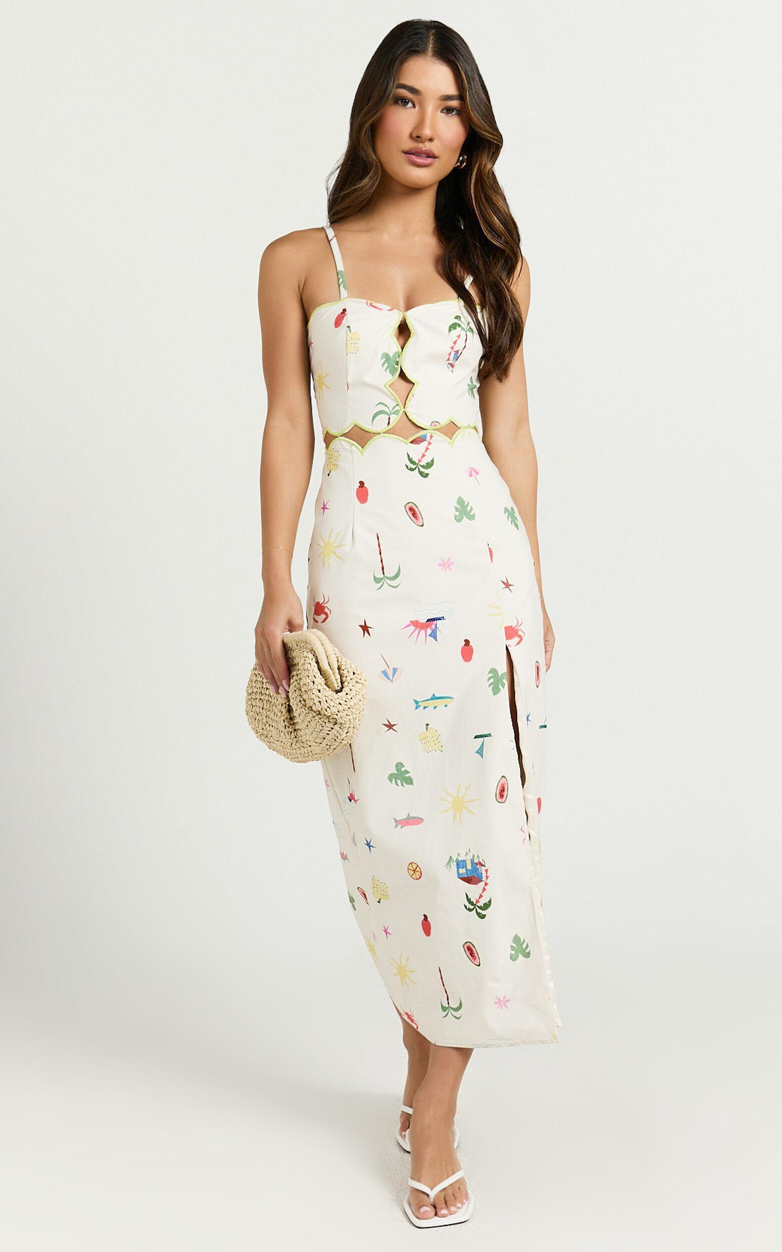 Amalie The Label - Malia Lace Up Back Midi Dress in Tropical Oasis Print Product Image