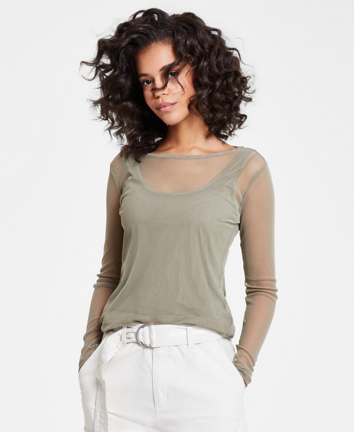 Dkny Jeans Womens Long-Sleeve Crewneck Mesh Top Product Image