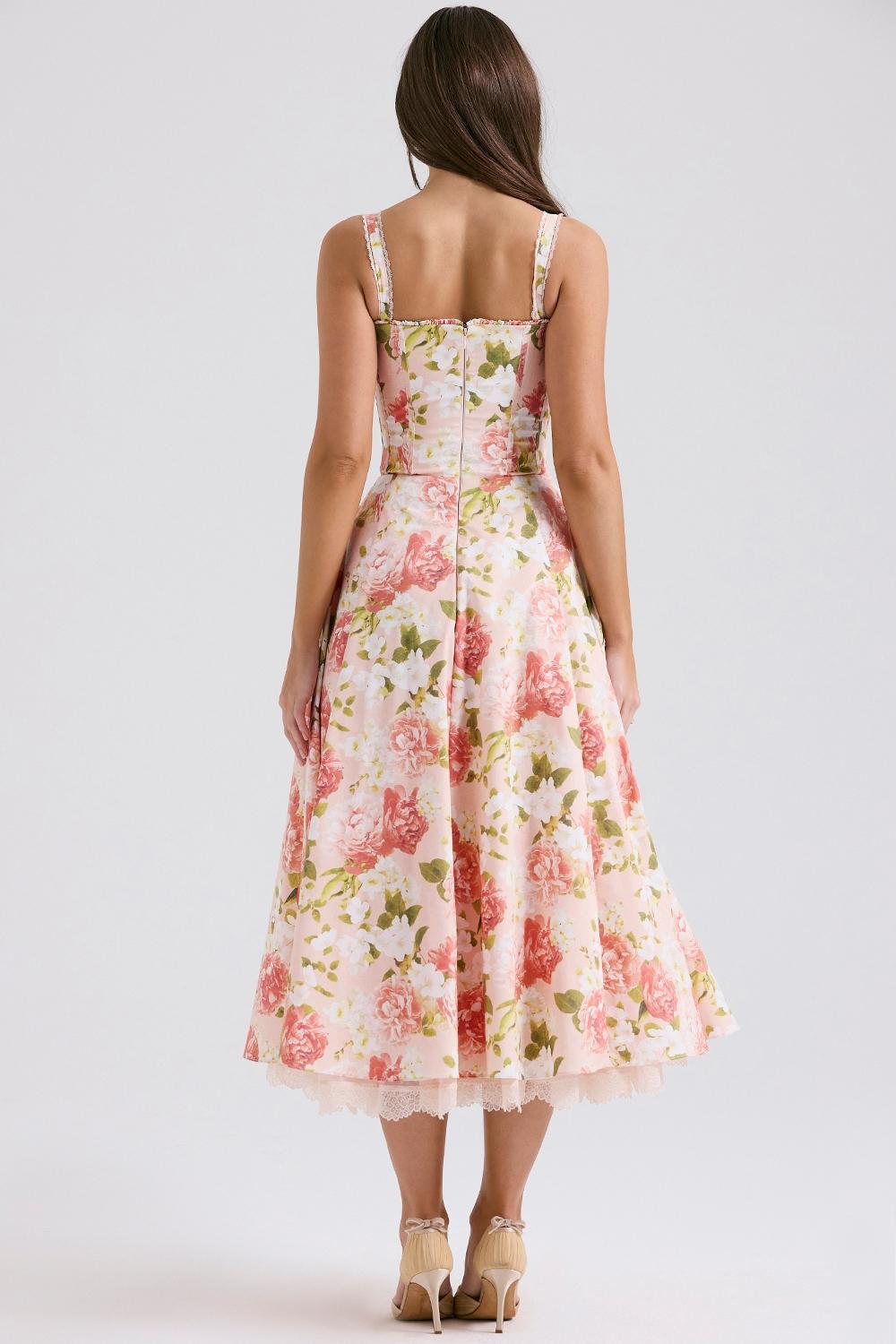 Rosalee Pink Peony Print Cotton Bustier Sundress Product Image