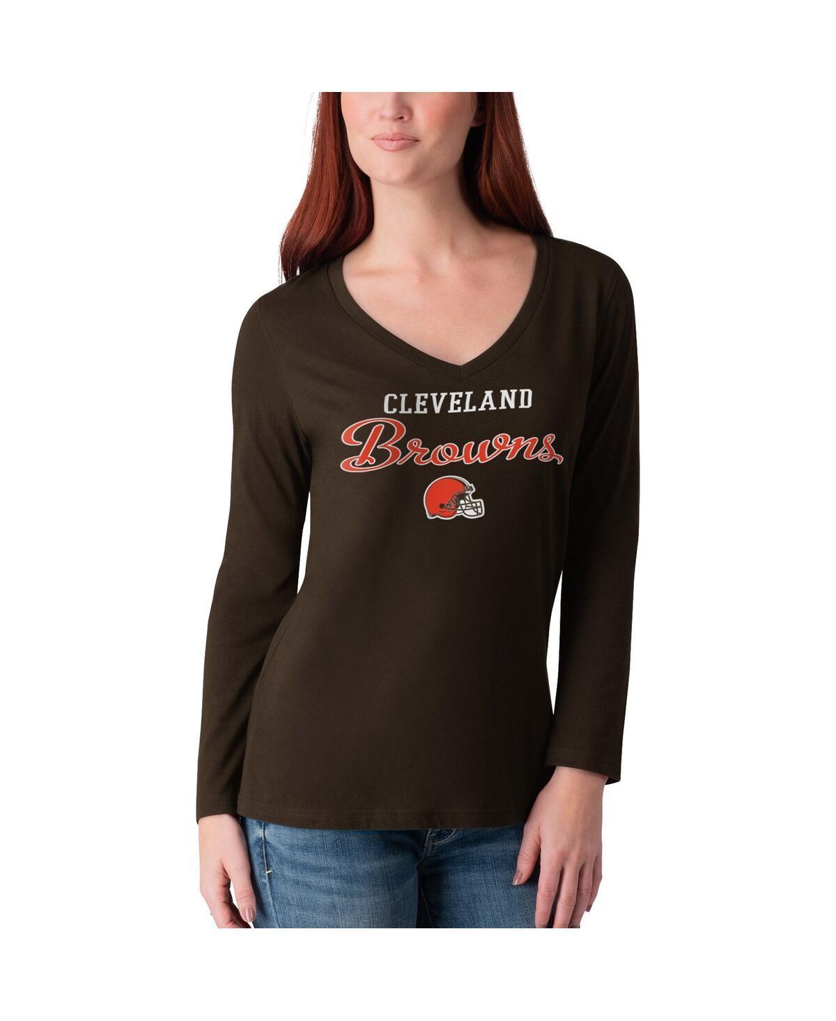 Womens G-iii 4Her by Carl Banks Brown Distressed Cleveland Browns Post Season Long Sleeve V-Neck T-shirt Product Image