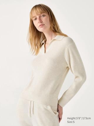 Womens Washable Knit Ribbed Polo Sweater Natural Large UNIQLO US Product Image