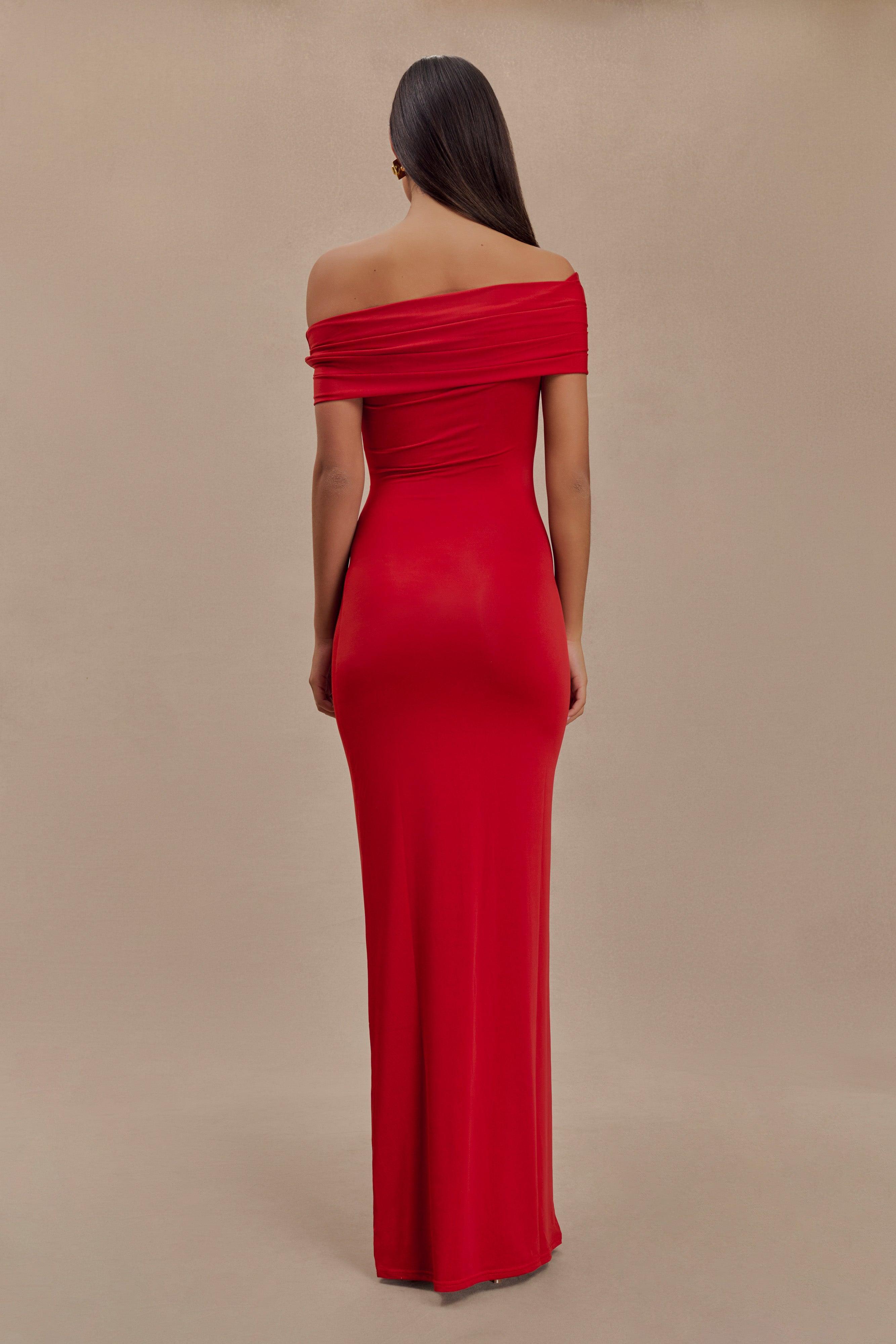 Cassandra Off Shoulder Slinky Maxi Dress - Red Product Image