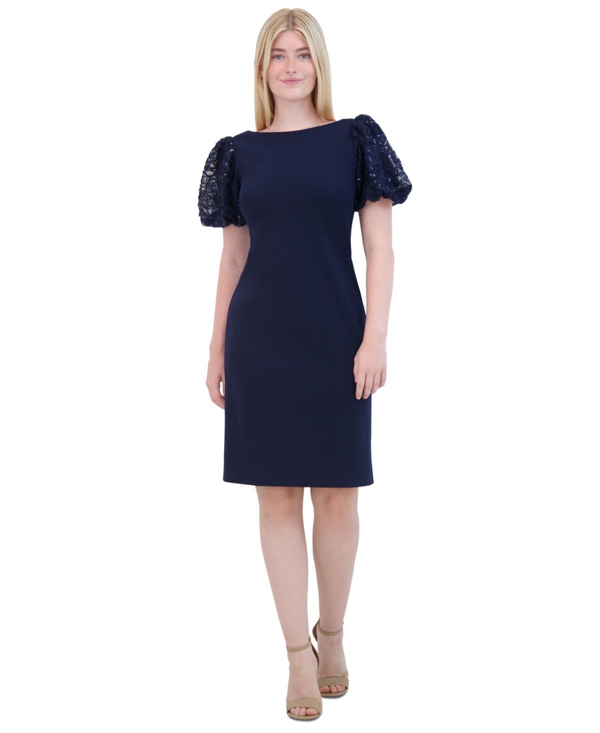 Eliza J Womens Sequined Puff-Sleeve Boat-Neck Dress Product Image