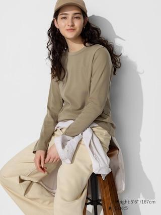 Womens Smooth Stretch Cotton Crew Neck T-Shirt Long Sleeve Olive Large UNIQLO US Product Image