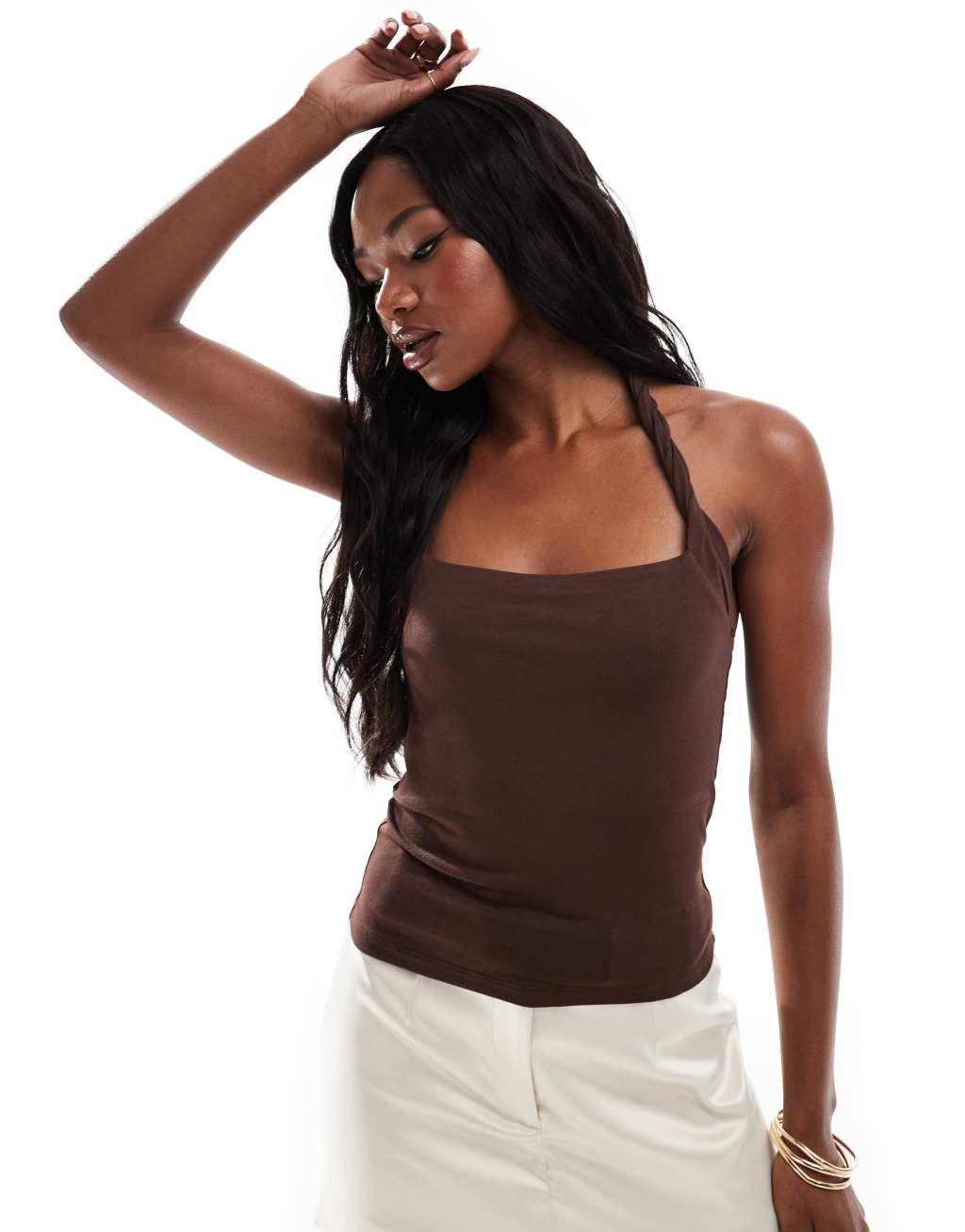 ASOS DESIGN twist halter top in brown product image