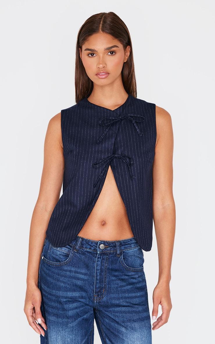 Navy Pinstripe Asymmetric Tie Front Vest Product Image