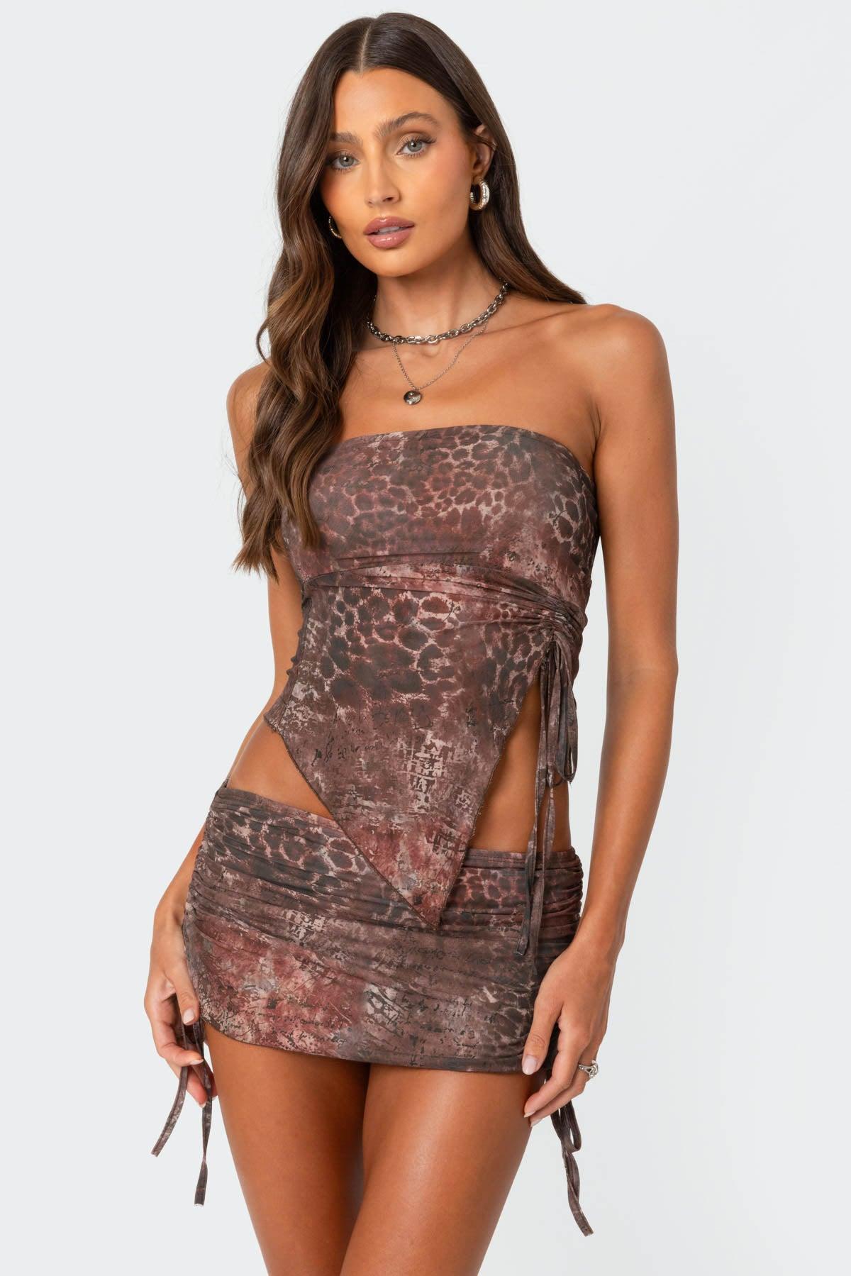 Leopard printed asymmetric mesh tube top Product Image