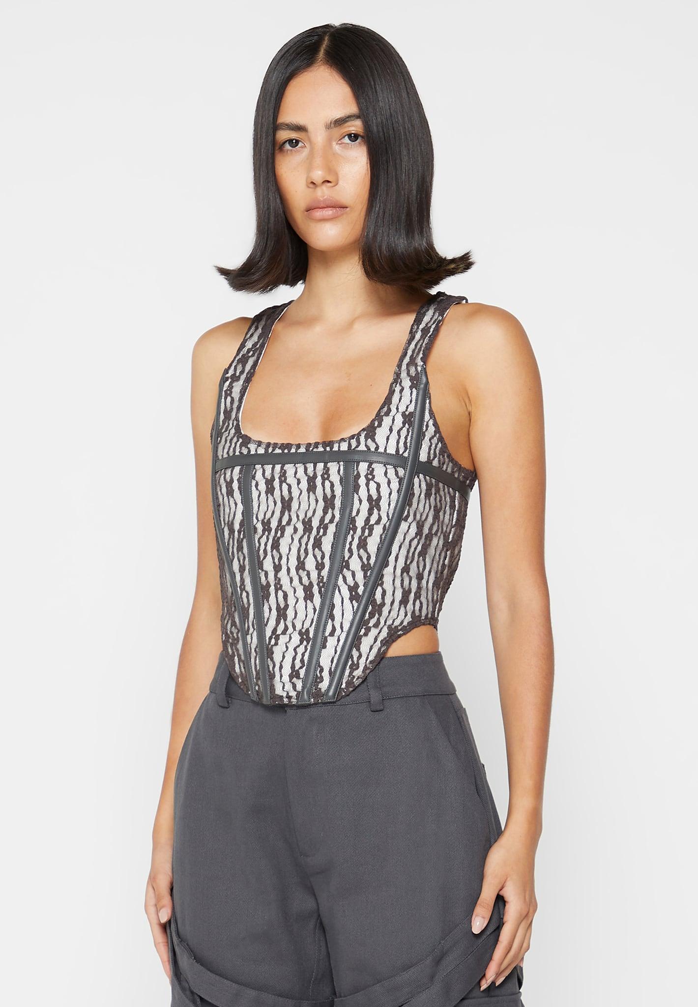 Lace with Leather Corset Top - Grey Female Product Image