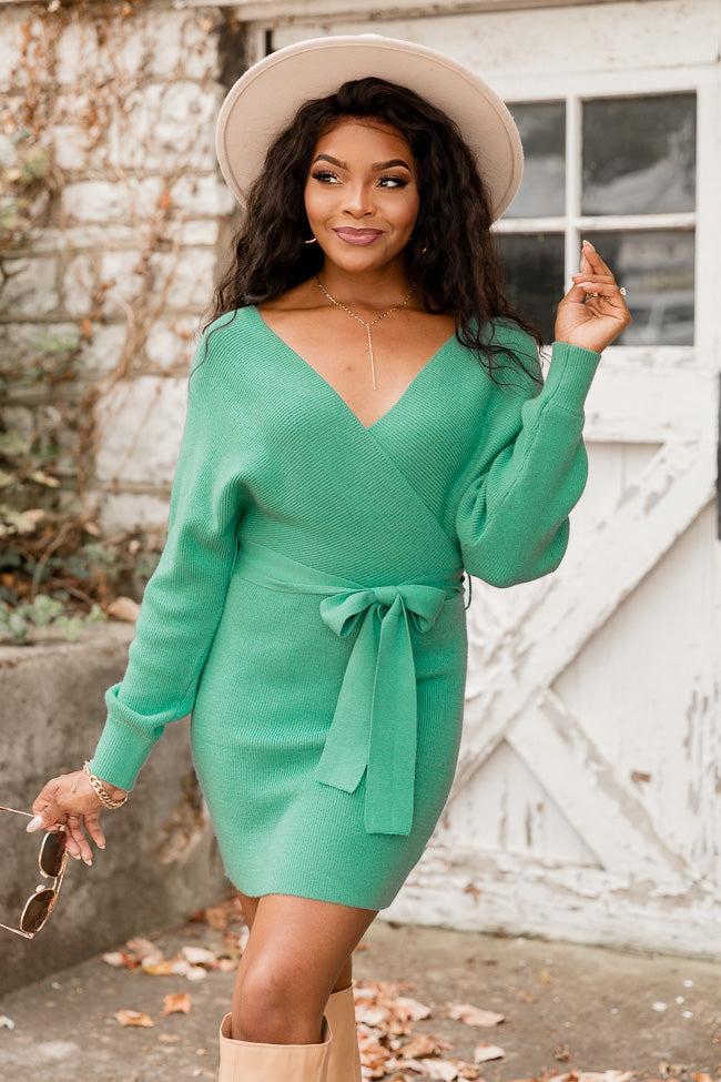 Talk of The Town Green Belted Sweater Dress FINAL SALE Product Image