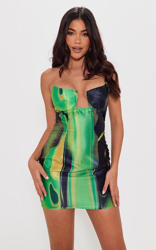 Green Smoke Print Satin V Bar Bandeau Bodycon Dress Product Image