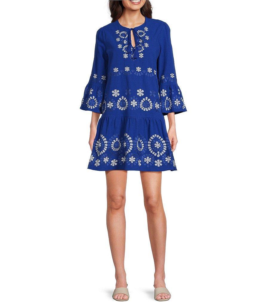 tyler boe Holly Split Round Neck Bell Sleeve Embroidered Tiered Shift Dress Product Image