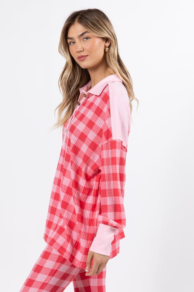 Outshine The Rest Thermal Pink & Red Plaid Lounge Pullover FINAL SALE Product Image