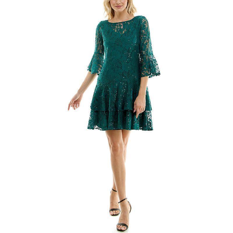 Womens Gabby Skye All Over Lace Bell Sleeve Mini Dress product image