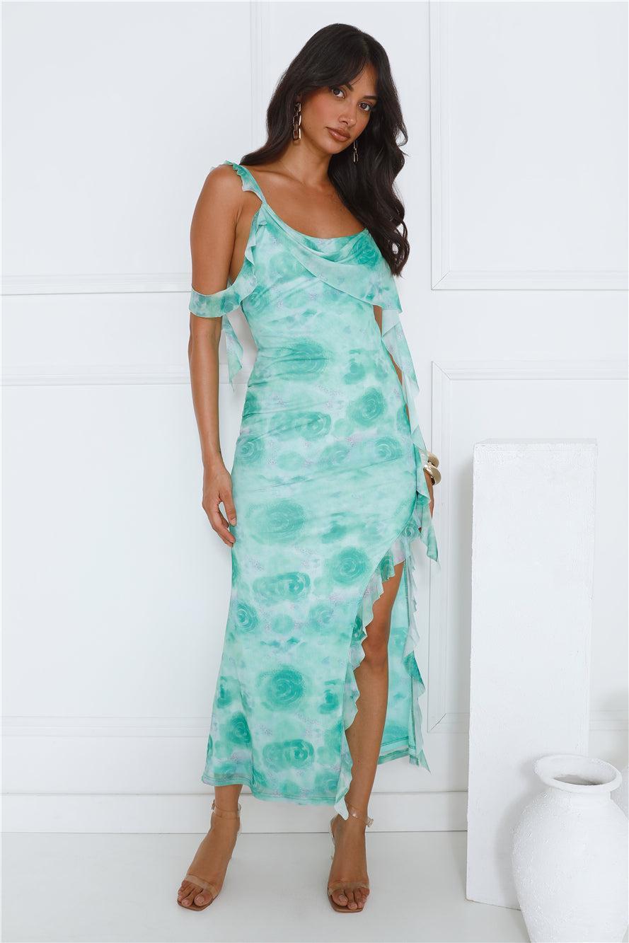 All The Details Mesh Frill Maxi Dress Green Product Image