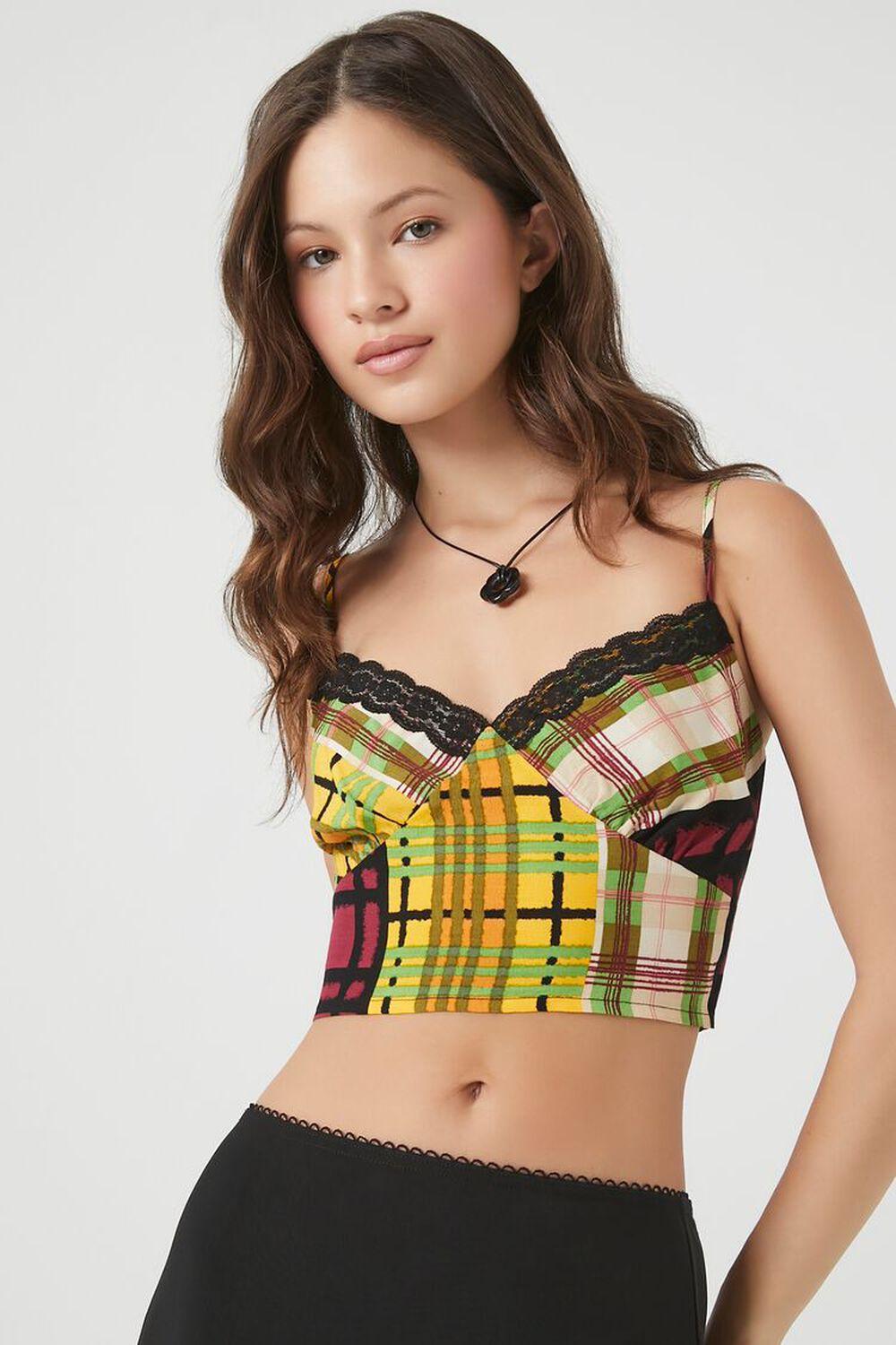 Lace-Trim Plaid Cropped Cami | Forever 21 Product Image