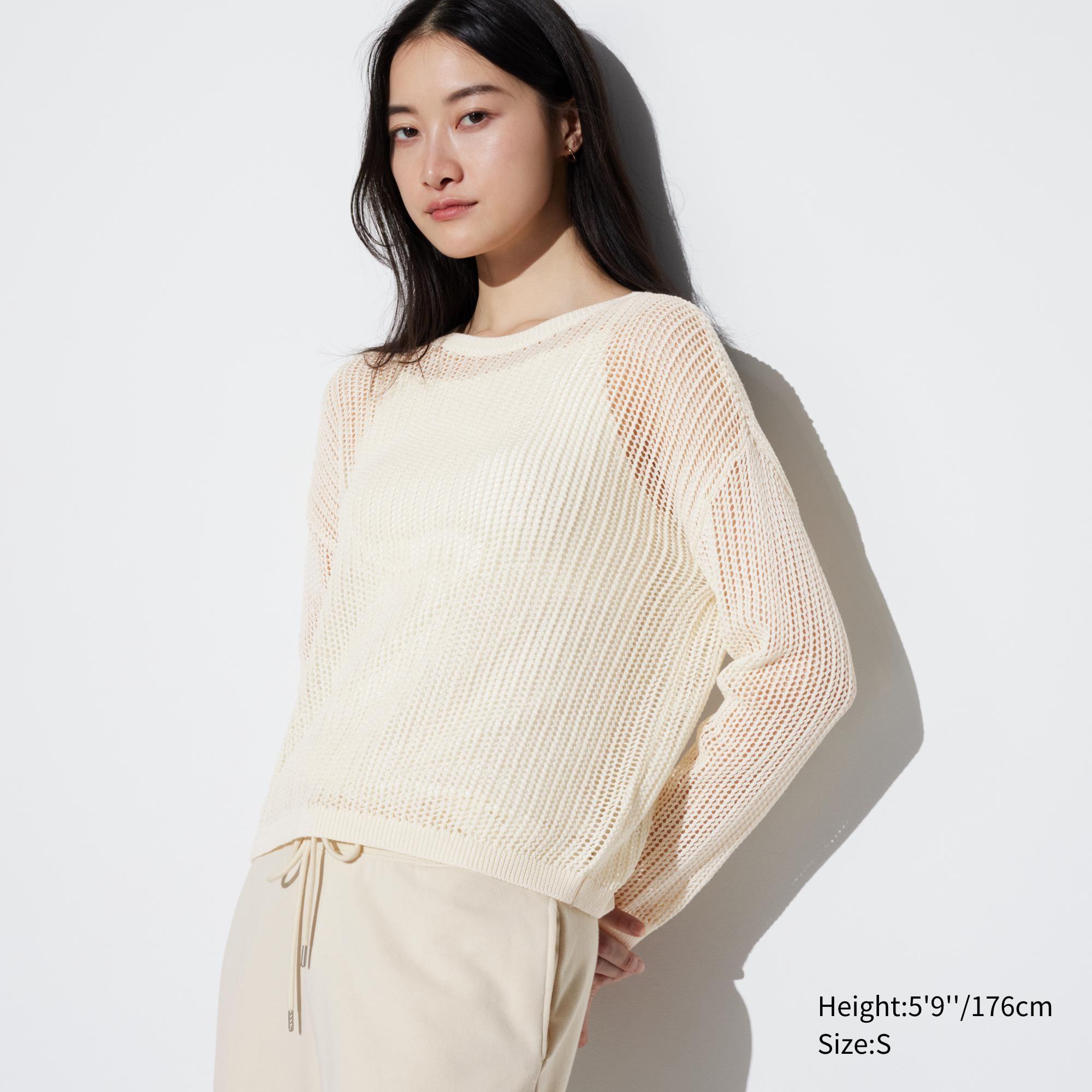 Womens Mesh Crew Neck Long-Sleeve Sweater Off White Small UNIQLO US Product Image