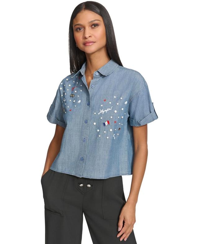 Women's Embellished Cropped Chambray Top Product Image