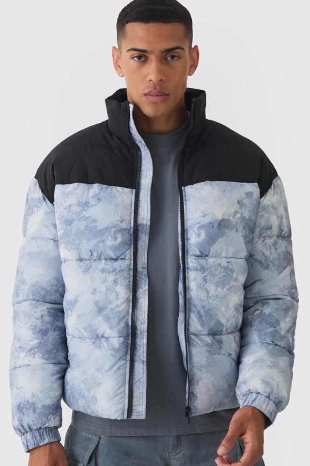 Colour Block Printed Funnel Neck Puffer Coat In Grey | boohooMAN USA Product Image