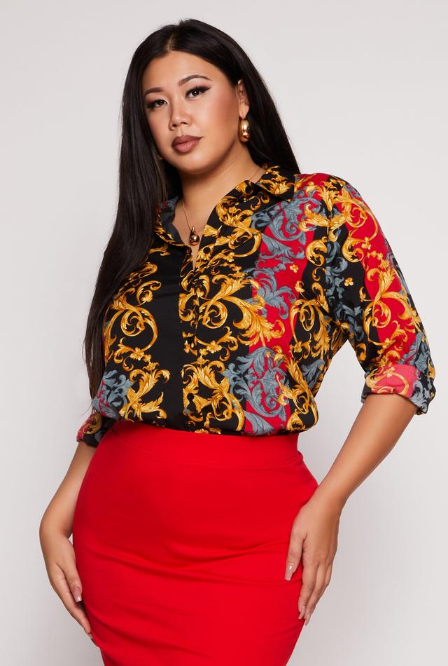 Womens Plus Size Color Block Baroque Print Shirt Product Image