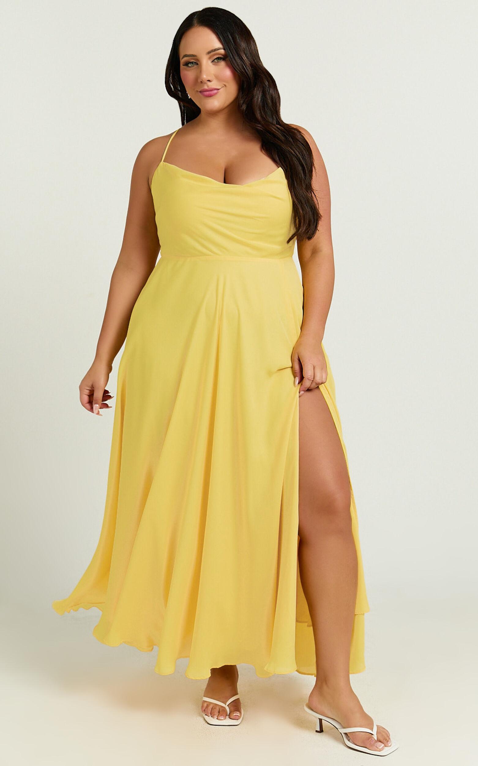 Celestine Midi Dress - Lace Up Back Cowl Neck Dress in Lemon Product Image