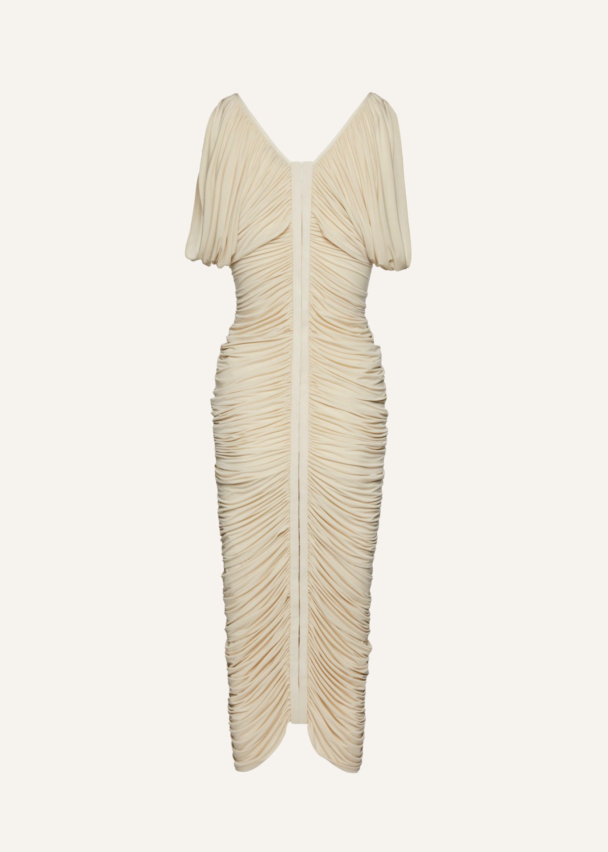 Ruched v neck midi dress in beige Product Image