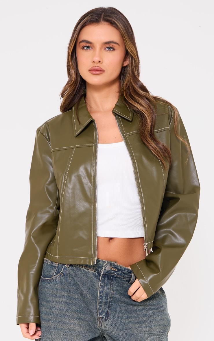 Olive Faux Leather Contrast Stitch Jacket Product Image