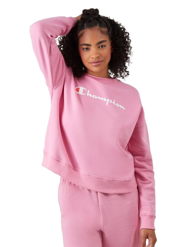 Womens Champion Powerblend Crewneck Sweatshirt, Script Logo Spirited Pink XL Product Image