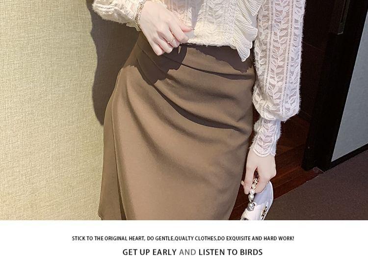 Long-Sleeve Tie-Neck Plain Lace Blouse Product Image