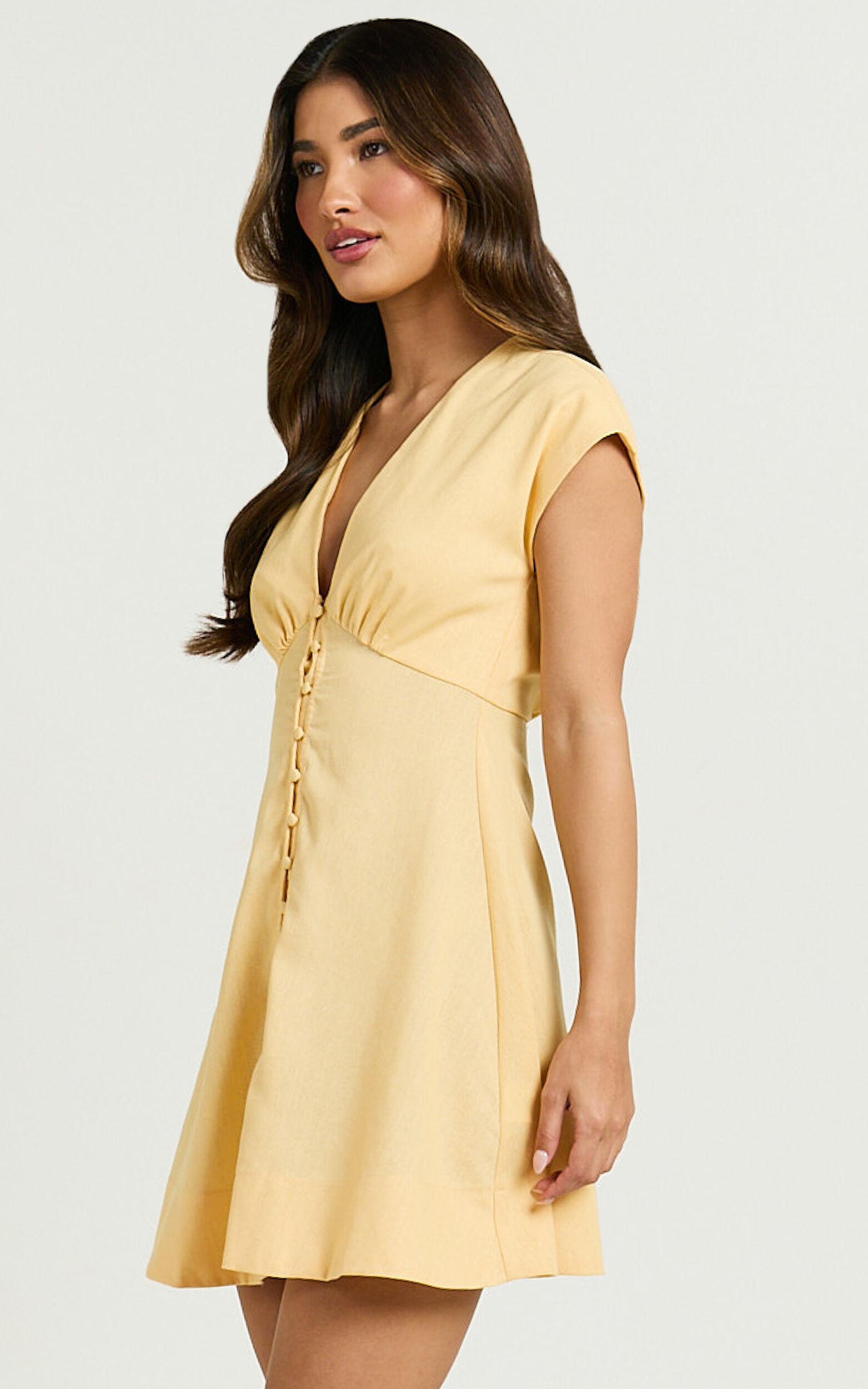 Tallulah Mini Dress - Linen Look V Neck A Line Dress in Lemon Product Image