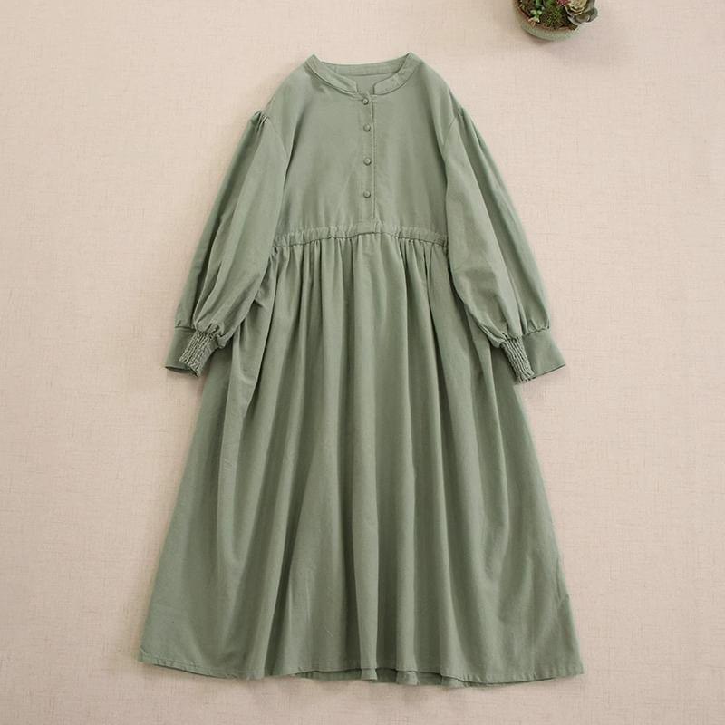 Puff-Sleeve Henley Plain Midi Smock Dress Product Image