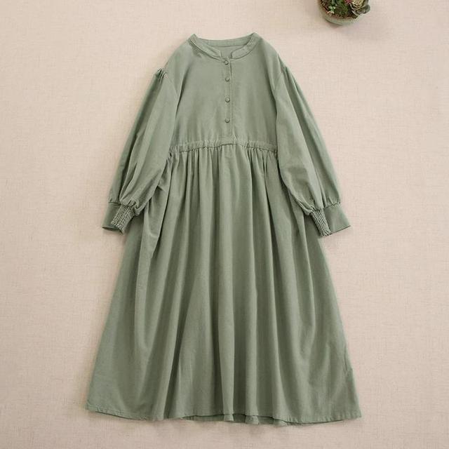 Puff-Sleeve Henley Plain Midi Smock Dress Product Image