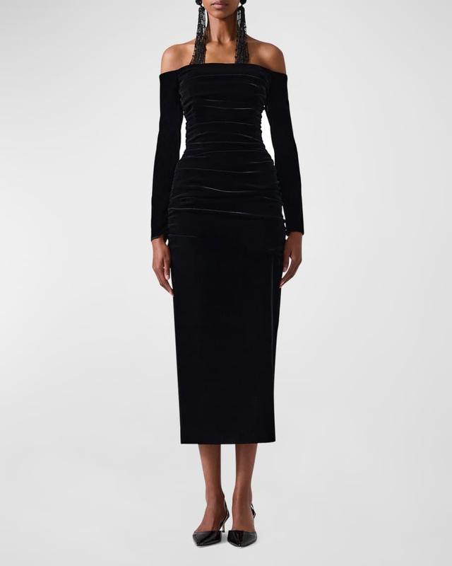 Off-The-Shoulder Ruched Velvet Midi Dress Product Image