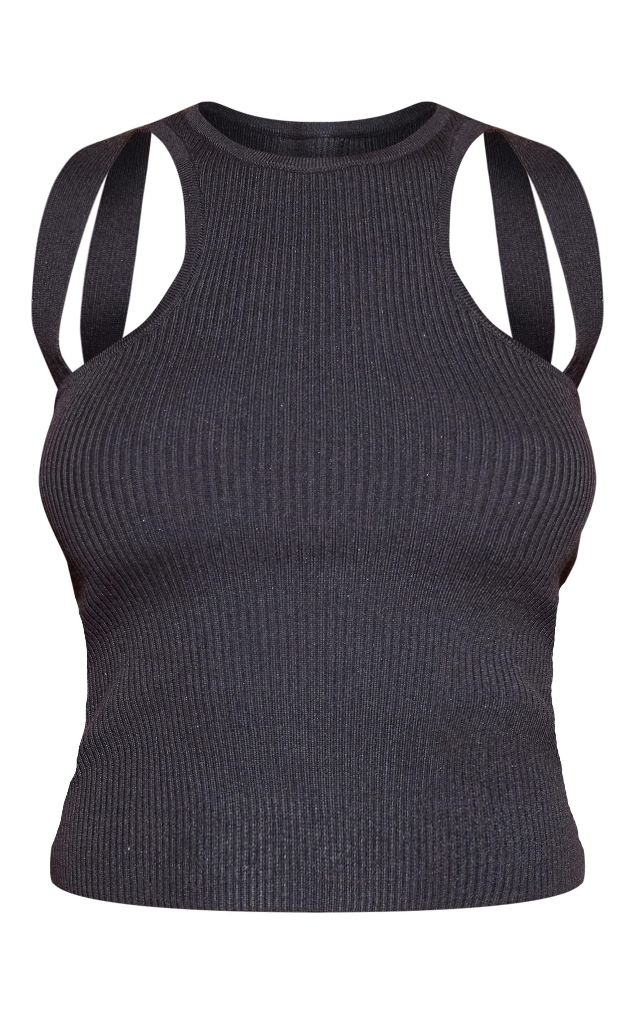 Black Rib Knit Racer Back Cami Strap Top Product Image