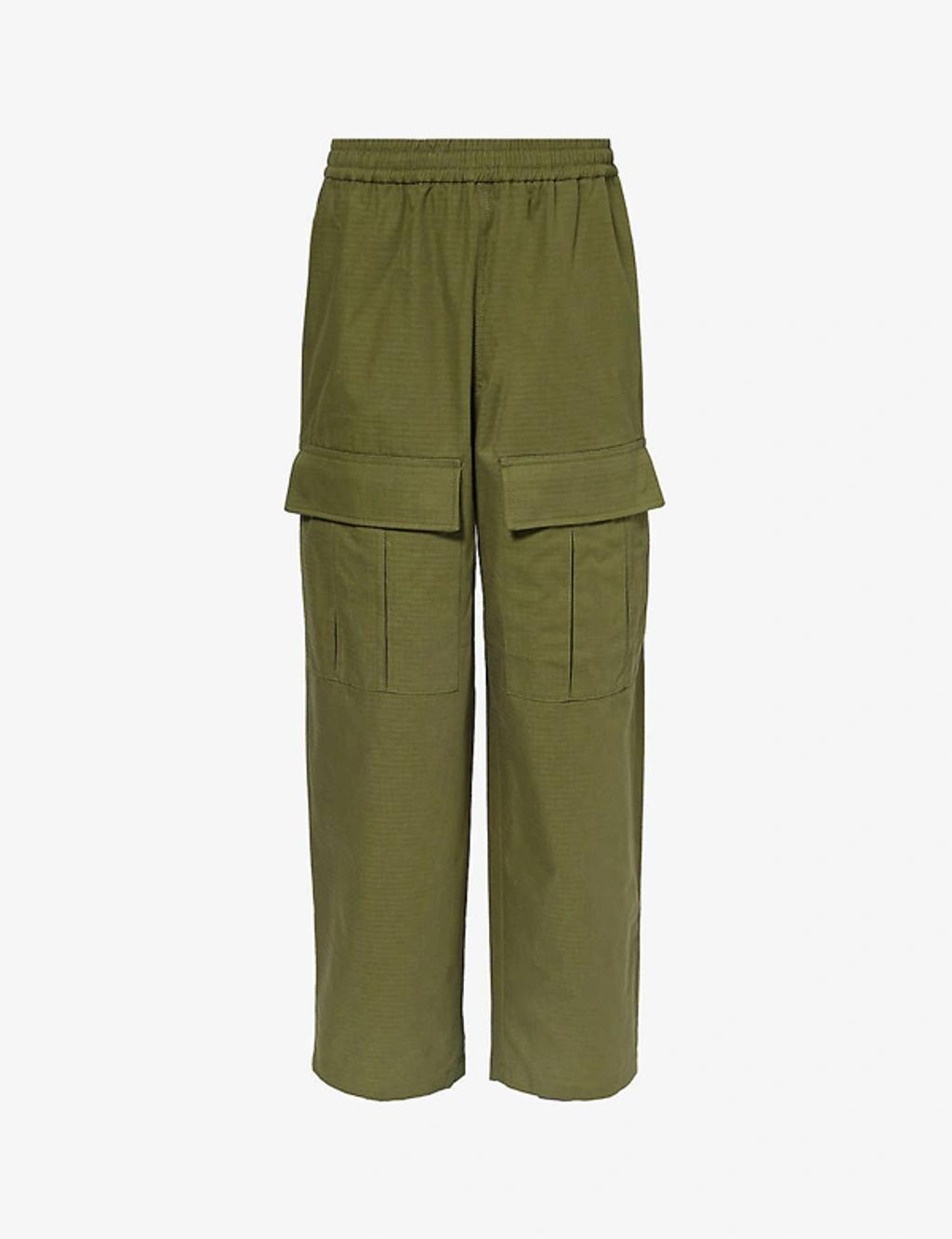 Mens Olive Green Prudento Flap-pocket Relaxed-fit Wide-leg Cotton Trousers Product Image