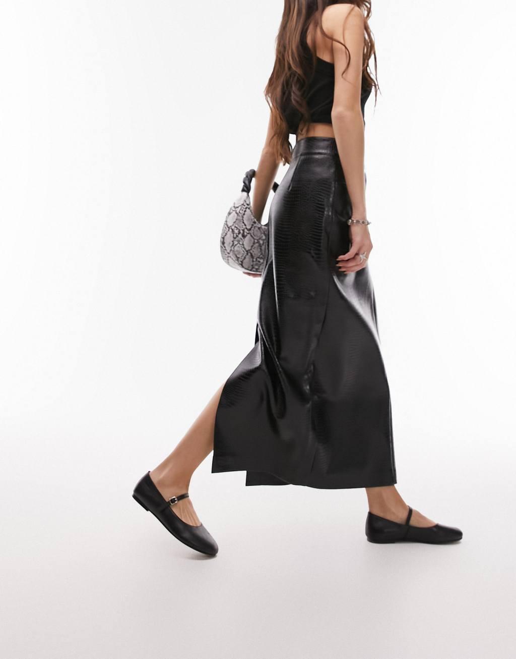 Topshop leather look midi skirt in black snake print  Product Image